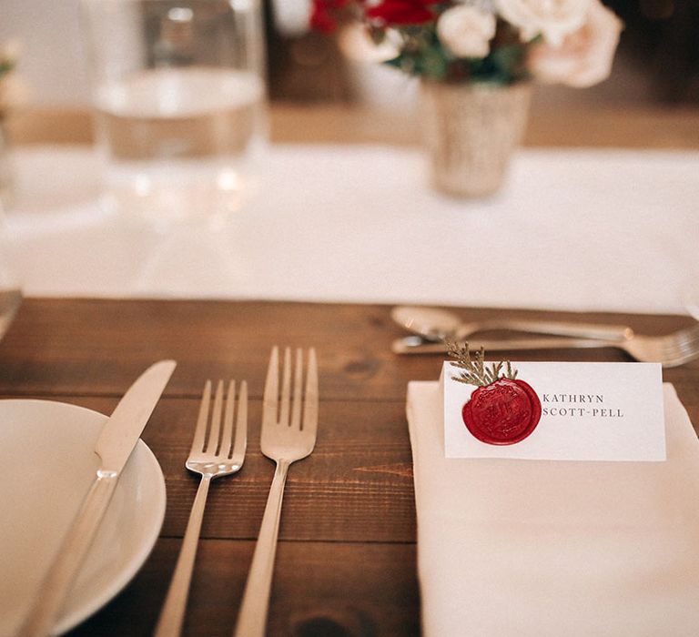 Simple black and white wedding place name with red wax seal at Aswarby Rectory 