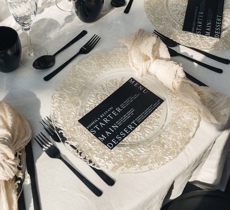 Offley Place wedding with monochrome wedding tablescape with black and white menu 