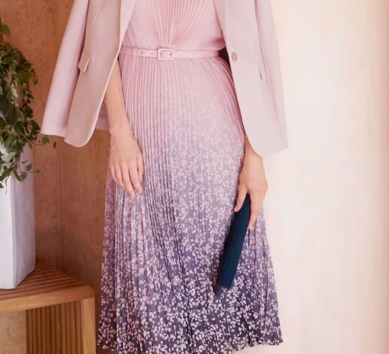 Mother of the bride pink midi length dress with matching belt and jacket 