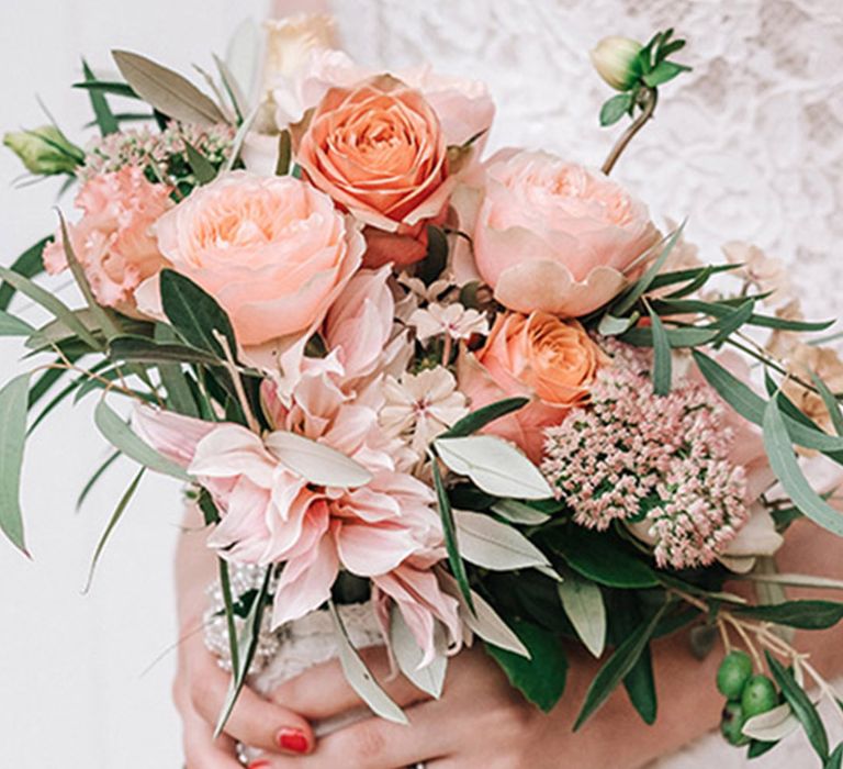 Pink and peach rose wedding bouquet