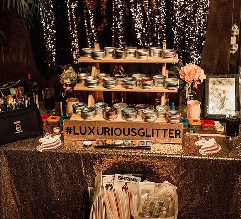 Glitter bar station at festival themed wedding 