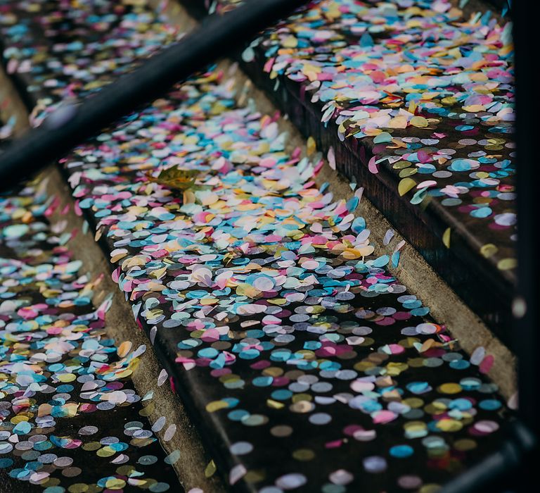 Steps covered in colourful confetti 