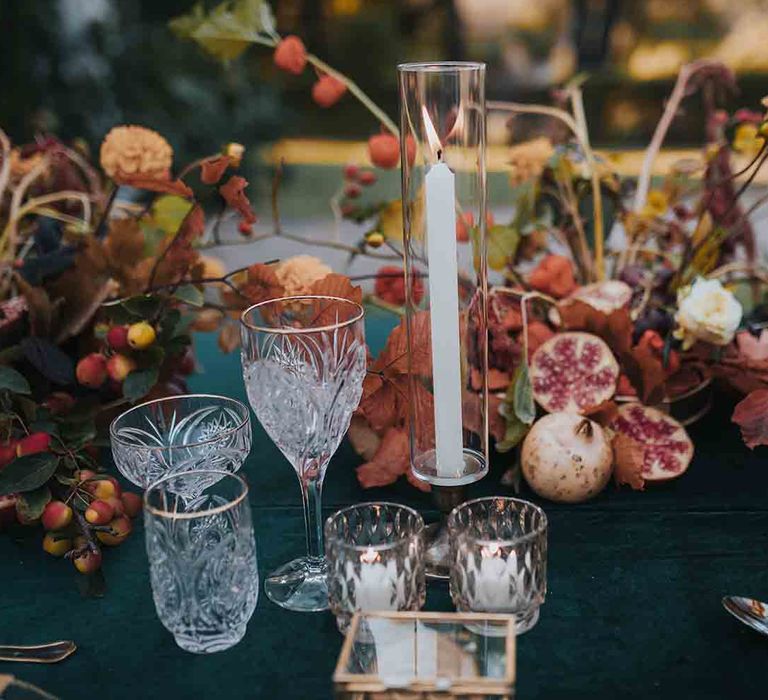 Romantic wedding place setting with Autumn colour wedding flowers