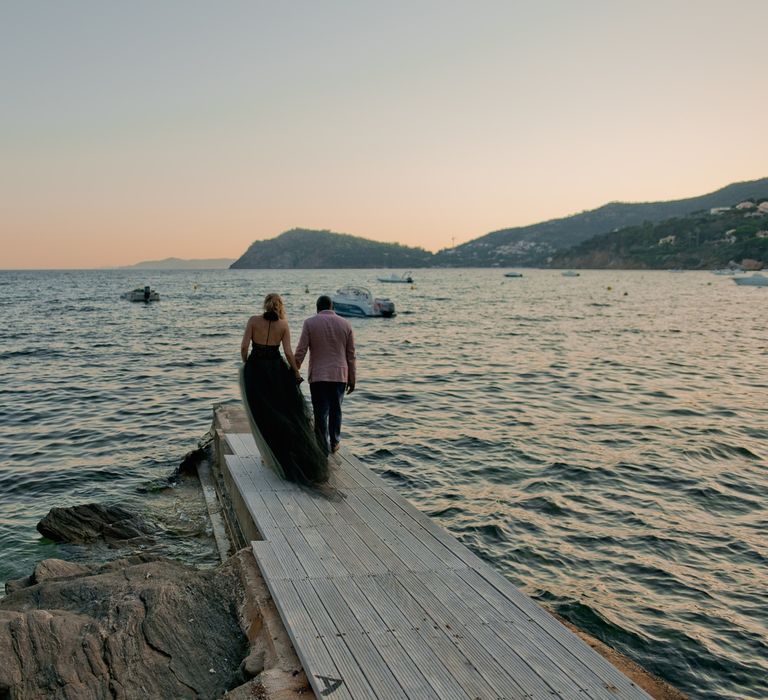 Bride in Vera Wang black wedding dress with groom at French wedding