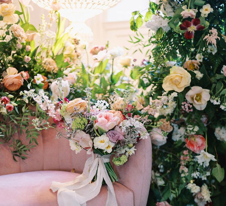 colourful wedding bouquet on a pink velvet sofa surrounded by column wedding flowers 