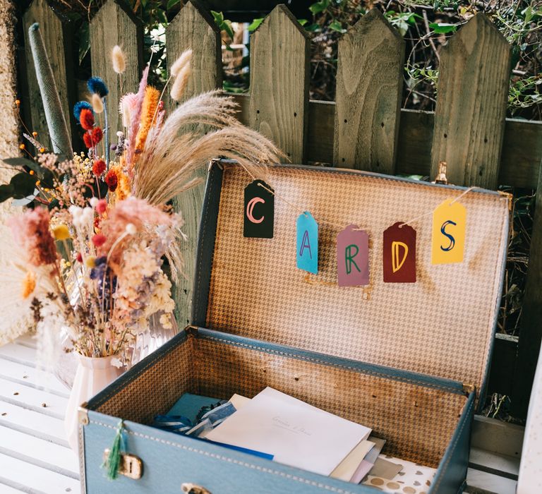 Vintage blue suitcase filled with cards 