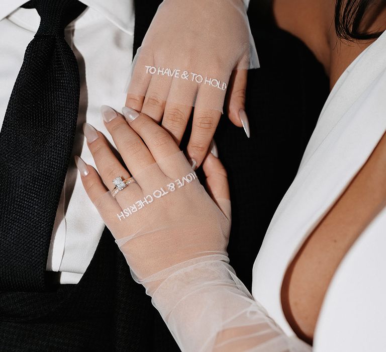 Bride wears personalised sheer gloves 