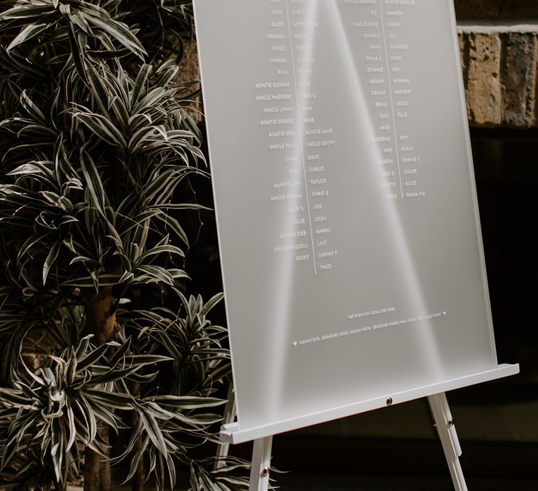 Frosted acrylic wedding seating chart for modern and minimal stylish city wedding in London