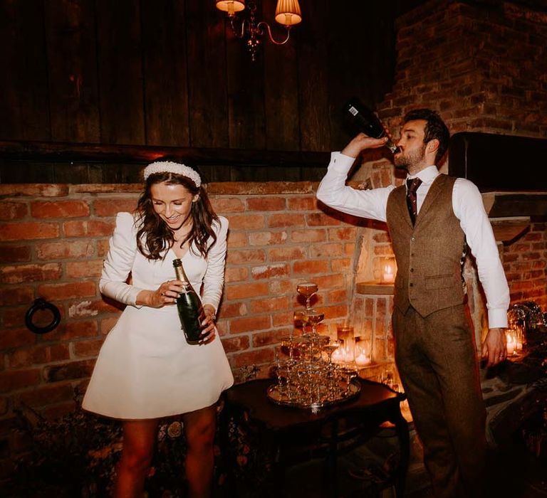 Bride and groom enjoying some wedding champagne at Willow Marsh Farm Loughborough 