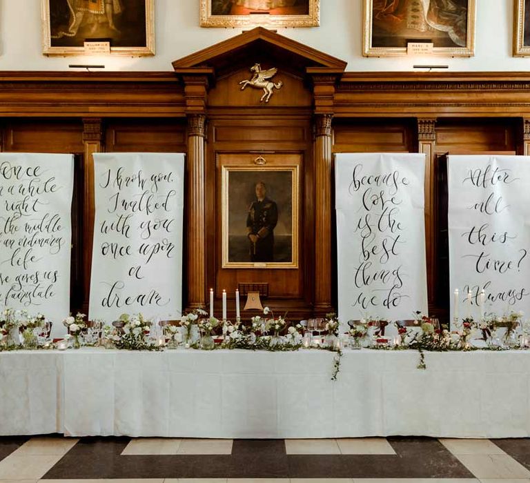 Classic wedding high table at Inner Temple Hall with minimalist monochrome wedding banners