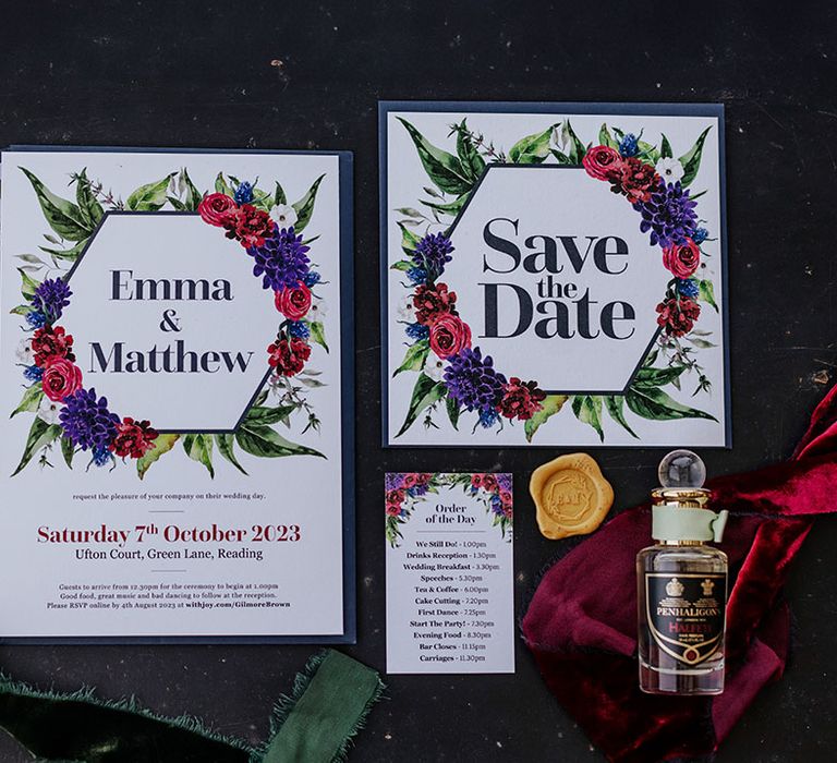 Jewel tone floral patterned wedding stationery suite with Penhaligon's perfume 