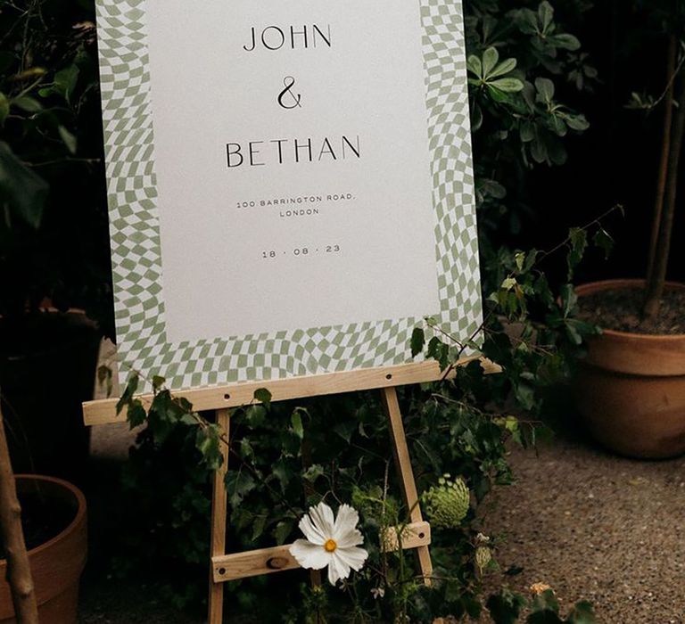 Sage green and white checkered wedding welcome sign for London modern city wedding 