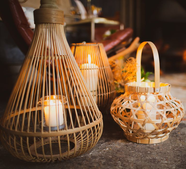 Close up of lantern decor for earthy wedding ideas editorial shoot