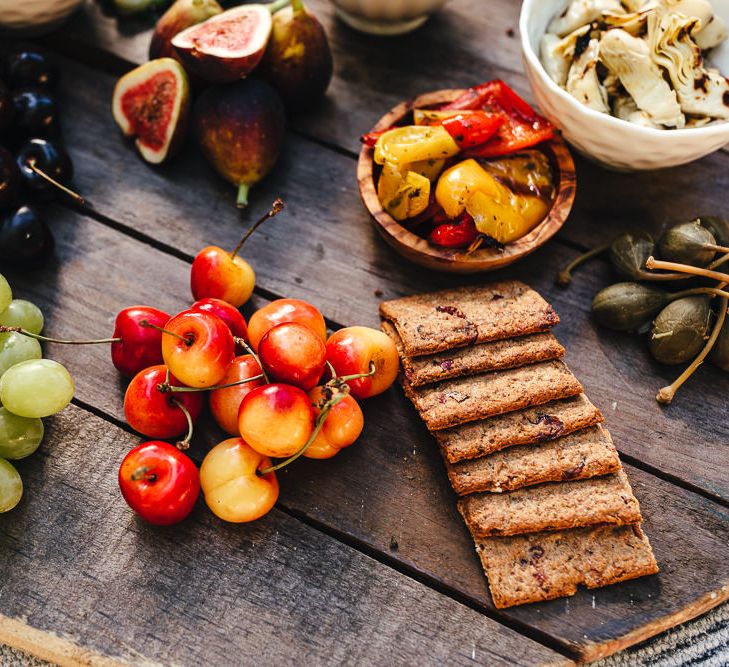 Outdoor vegan grazing platter with colourful food