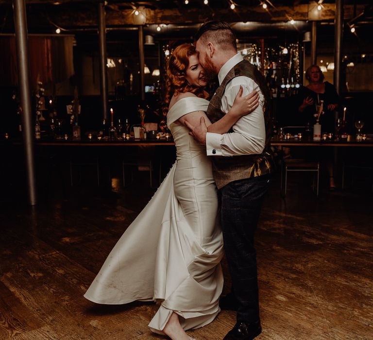 Bride and groom dancing at their intimate micro wedding 