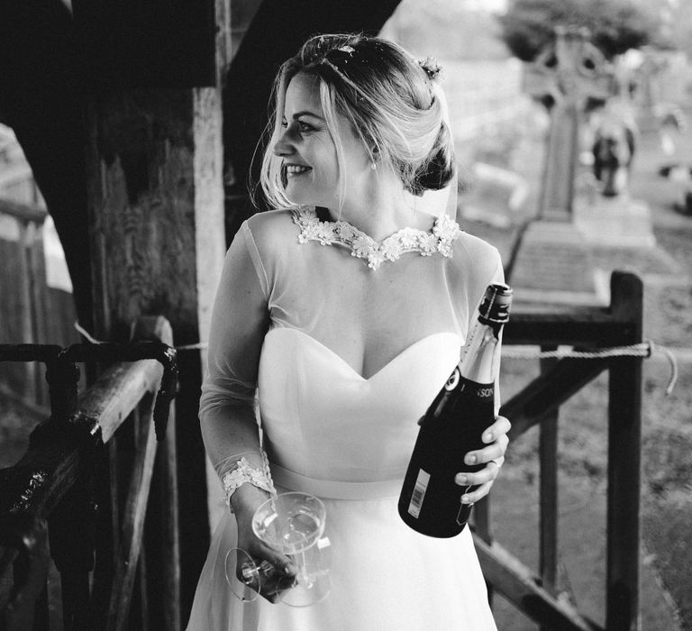 Black & white image of bride on wedding day