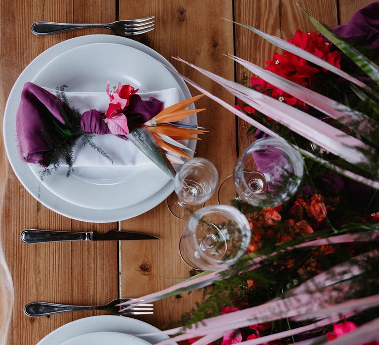 Pink and purple wedding table scape at drag race wedding inspiration shoot. Photography by Stephanie Shenton. 