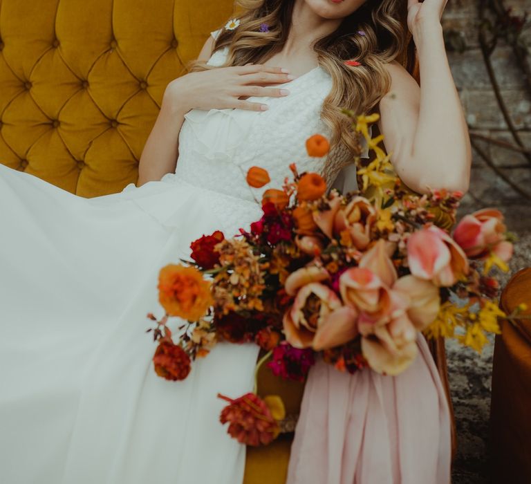 Bride in dried flower crown at boho wedding inspiration