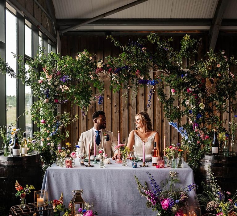 Sweetheart table with wildflower installation 