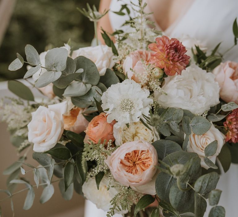 Peach and white David Austin rose wedding bouquet 