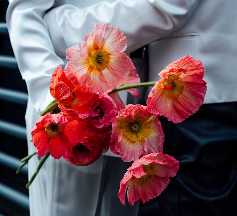 Red poppy flower stems wedding bouquet 