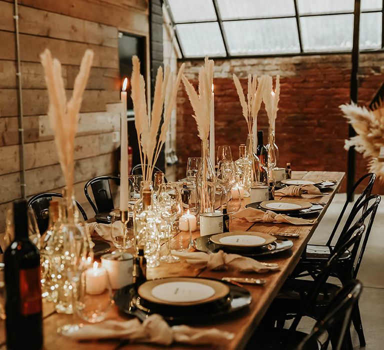 Pampas grass wedding decor at The Shack Revolution industrial venue