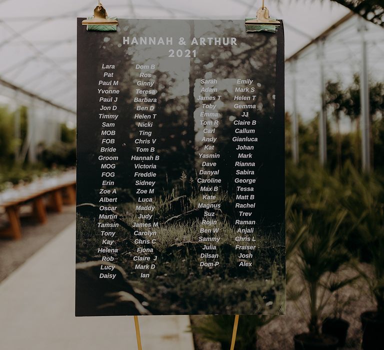 Botanical themed seating plan suspended in the air