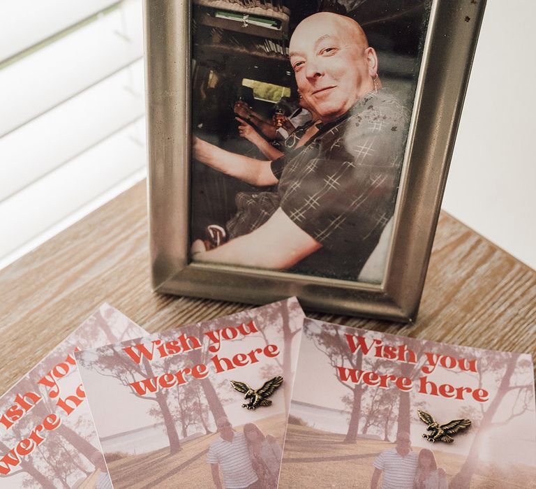 Personal pin badges fro guests to wear in honour of the bride's father who passed away 