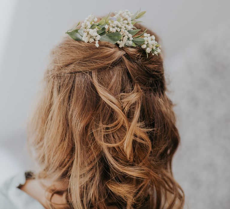 Half up half down bridesmaid hair with gypsophila 