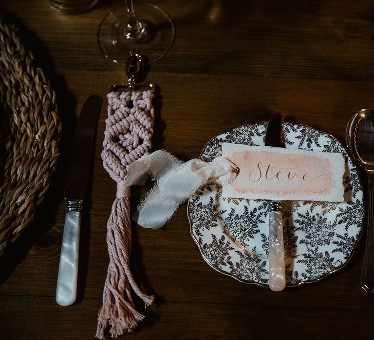 Rustic boho wedding plates with hand-lettered name tags