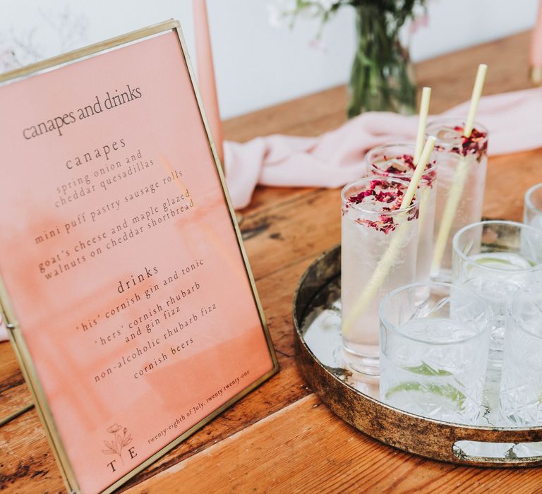 Gin his & her cocktails for wedding day complete on silver tray