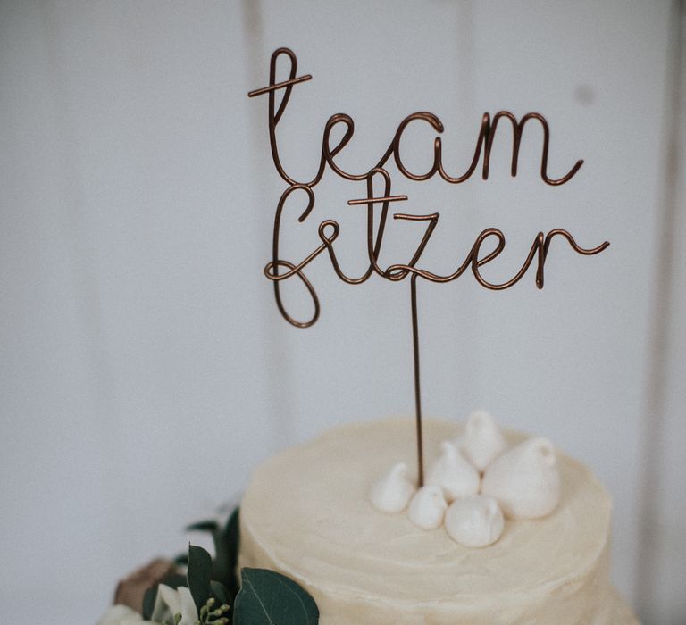 Personalised 'Team Fitzer' wire wedding cake topper for two tier buttercream wedding cake 