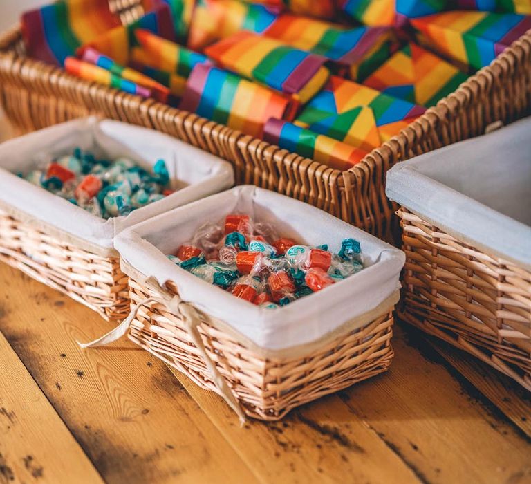 Chocolate wedding favours and rainbow bags for guests