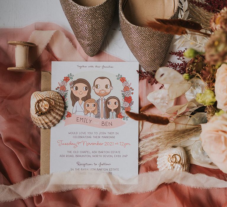 Emily and Ben's wedding invitation with wedding bouquet, the bride's shoes and a hand-collected sea shell 