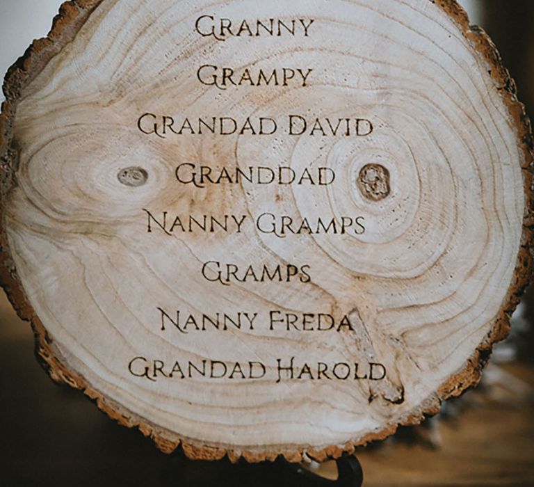 Tree trunk slice carved with names of the couples' grandparents