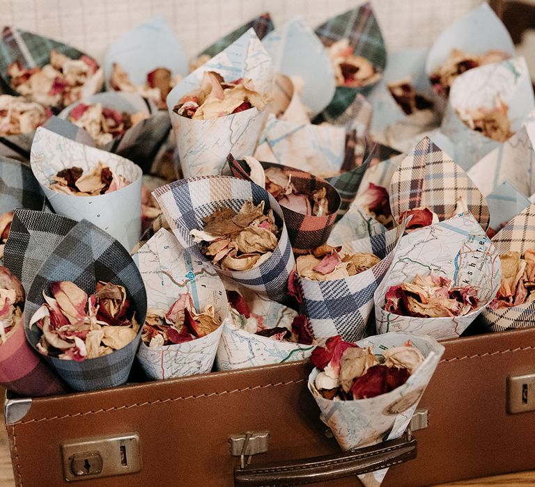 Tartan and map themed paper cones filled with dried petal confetti 