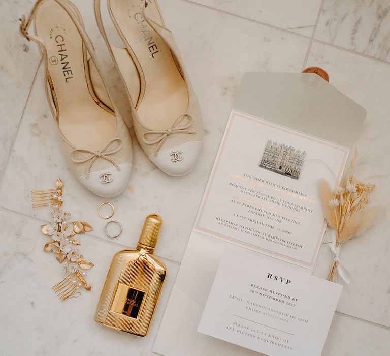 Chanel wedding shoes with classic wedding stationery and Tom Ford wedding perfume  