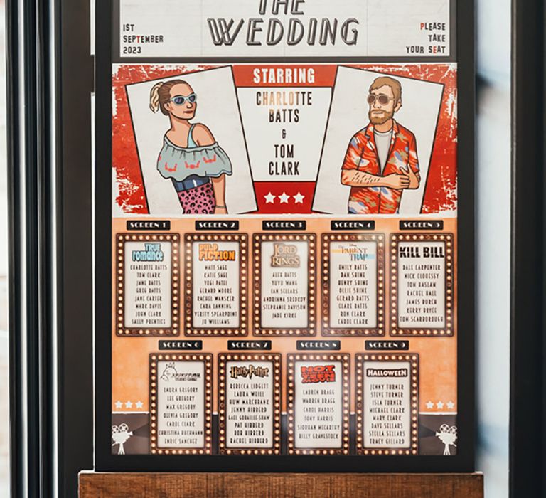 DIY wedding seating chart signage with tables named after screens in cinemas based on different movies 