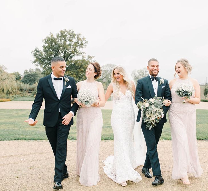 Wedding party portrait at black tie winter wedding