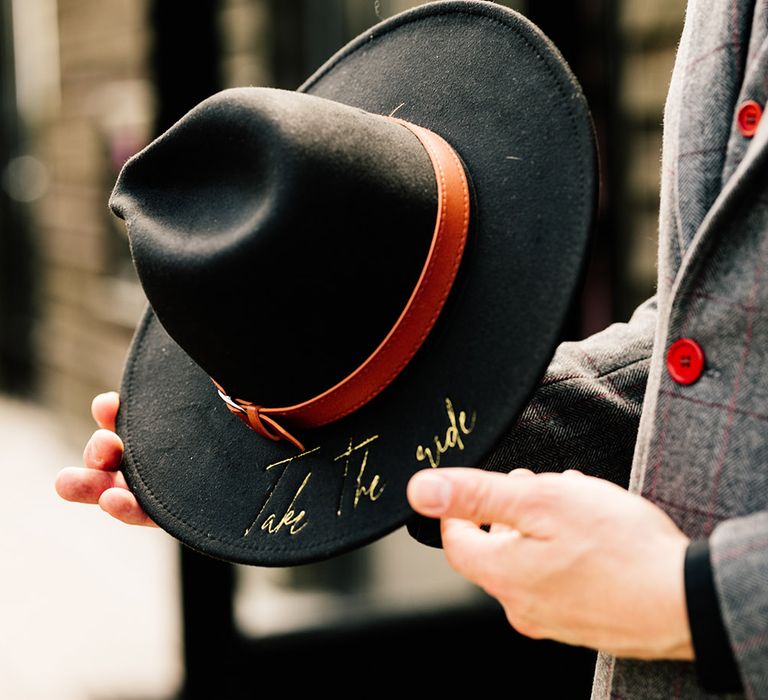 Black fedora grooms hat with personalised inscription