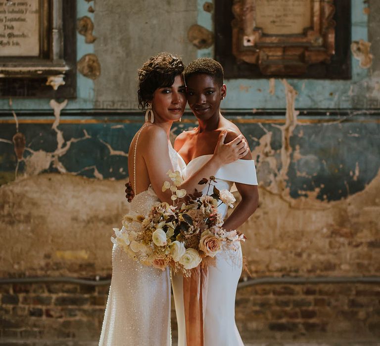 LGBTQI+ couple in a sequin wedding dress and fitted off the shoulder wedding dress in the chapel at The Asylum 