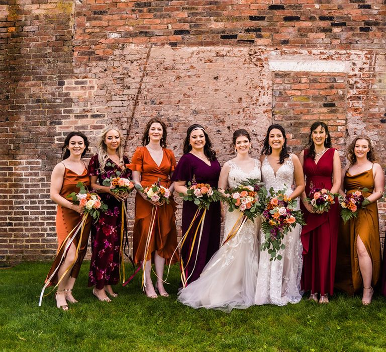 Bridal party with brides in lace wedding dresses and bridesmaids in jewel tone autumnal theme dresses