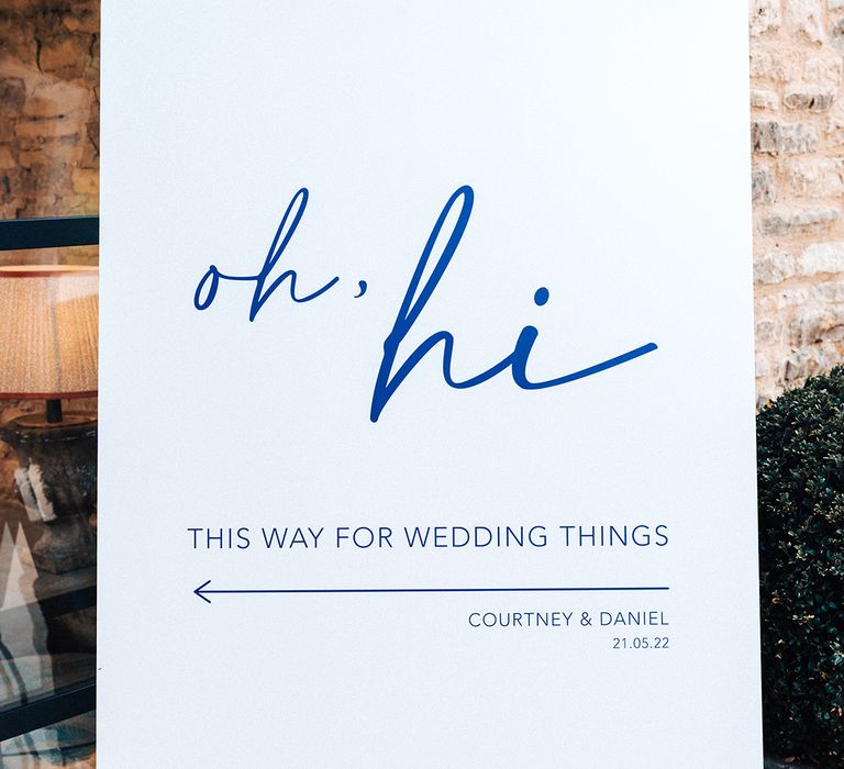 Blue and white wedding welcome sign for rustic luxe wedding 