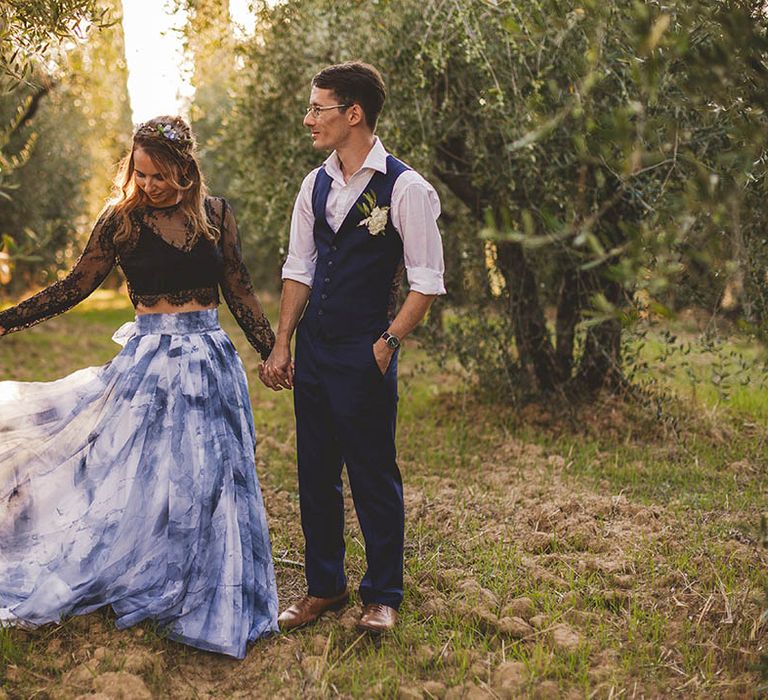 Alternative Bridal outfit with black lace top and grey toned skirt