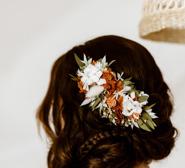 bridal braid with preserved flower hair slide by Luna & Wild