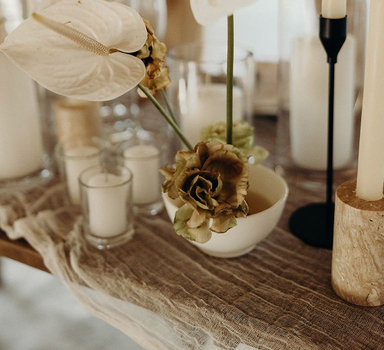 white anthurium wedding flower arrangement at modern Blue Venado wedding 