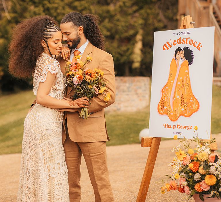 Easel with white cartoon style wedding welcome sign with a drawing of the couple for the vintage wedding 