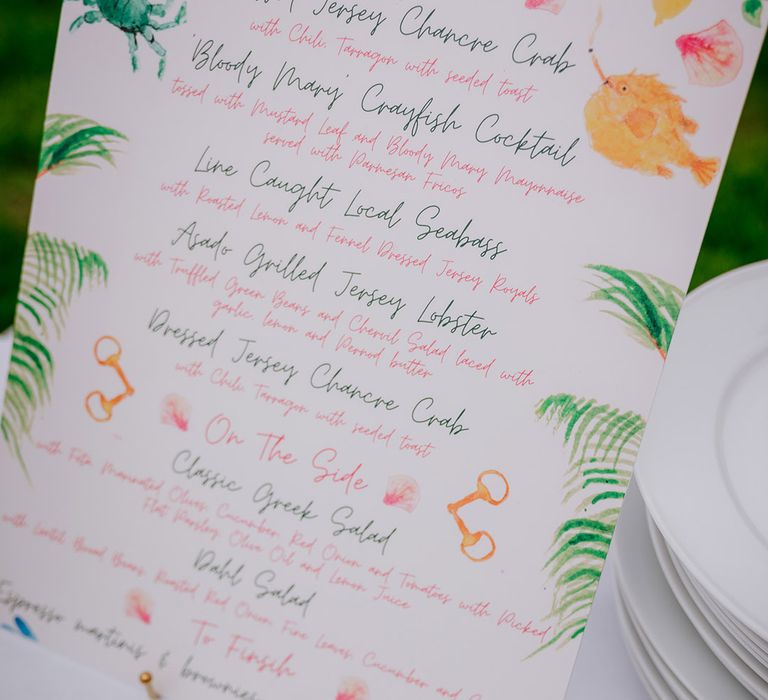 Watercolour style bright wedding menu signage 