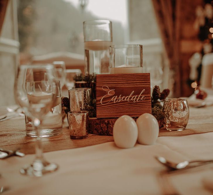 White winter wedding theme with rustic white wedding tablescape for wedding breakfast