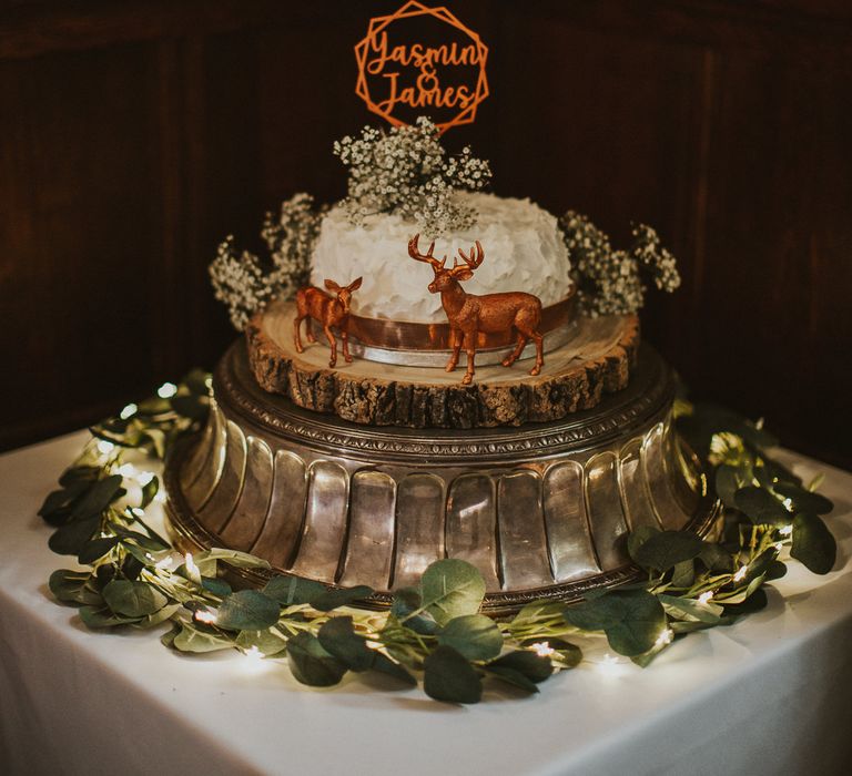 single tier wedding cake with stags and personalised laser cut cake topper 